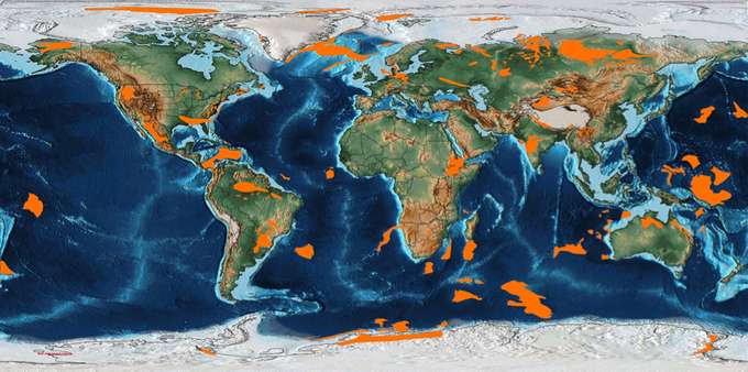 Weltkarte: Vorkommen Flutbasalte (in orange)