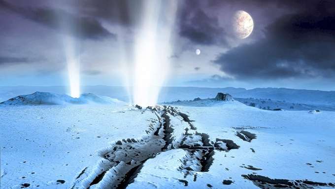 Vulkanismus im Sonnensystem Eislandschaft mit Geysir