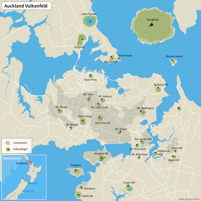 Auckland Vulkanfeld Karte Stadt Auckland mit Vulkanen