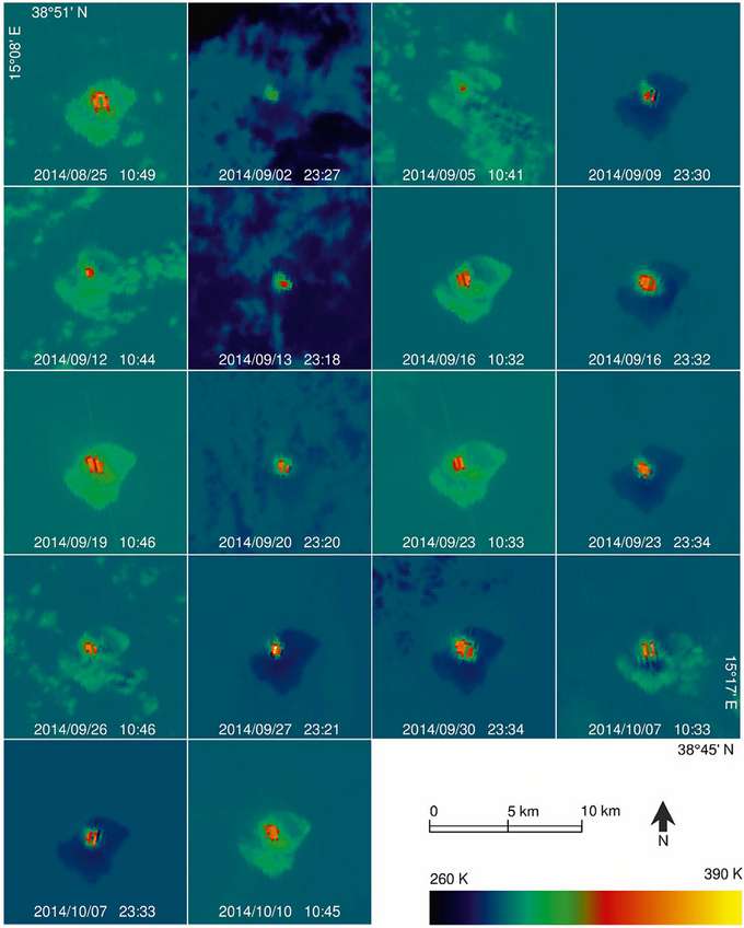 Mosaik von 18 der TET-1 MIR-Band Bildfragmente des Stromboli-Ausbruchs Mosaik mit Aufsichten des Stromboli