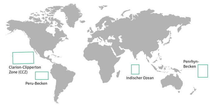 Lage wirtschaftlich interessanter Manganknollenvorkommen. Grafik: eskp.de Rohstoffe Tiefsee Weltkarte Manganknollen ESKP
