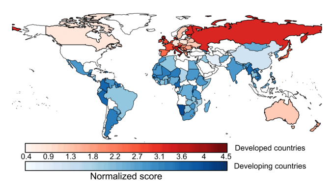 Normierte Werte für jedes Land. Rote Farben zeigen entwickelte Nationen und blaue Farben Entwicklungsländer an. Weltkarte Länder in rot und blau