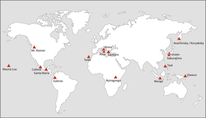 Übersichtskarte Dekadenvulkane Weltkarte Lage der Vulkane in rot