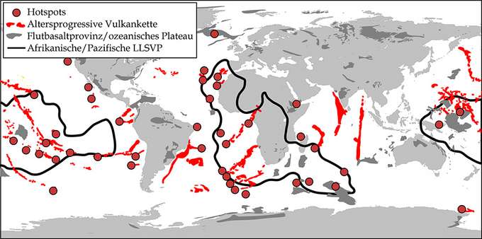 Weltkarte mit Flutbasalten (in rot) und Hotspots (roter Kreis)