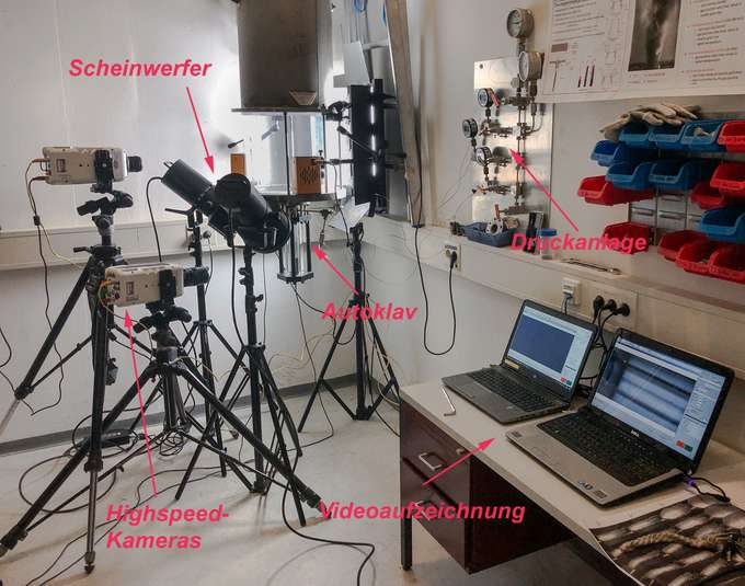 Versuchsaufbau im Labor, beschriftet